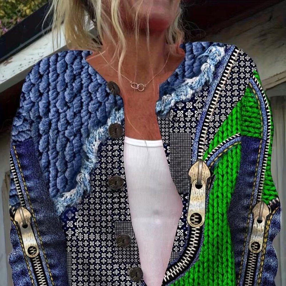 Women's Youthful Trendy 3D Denim Print Zip-Up Cardigan Sweater